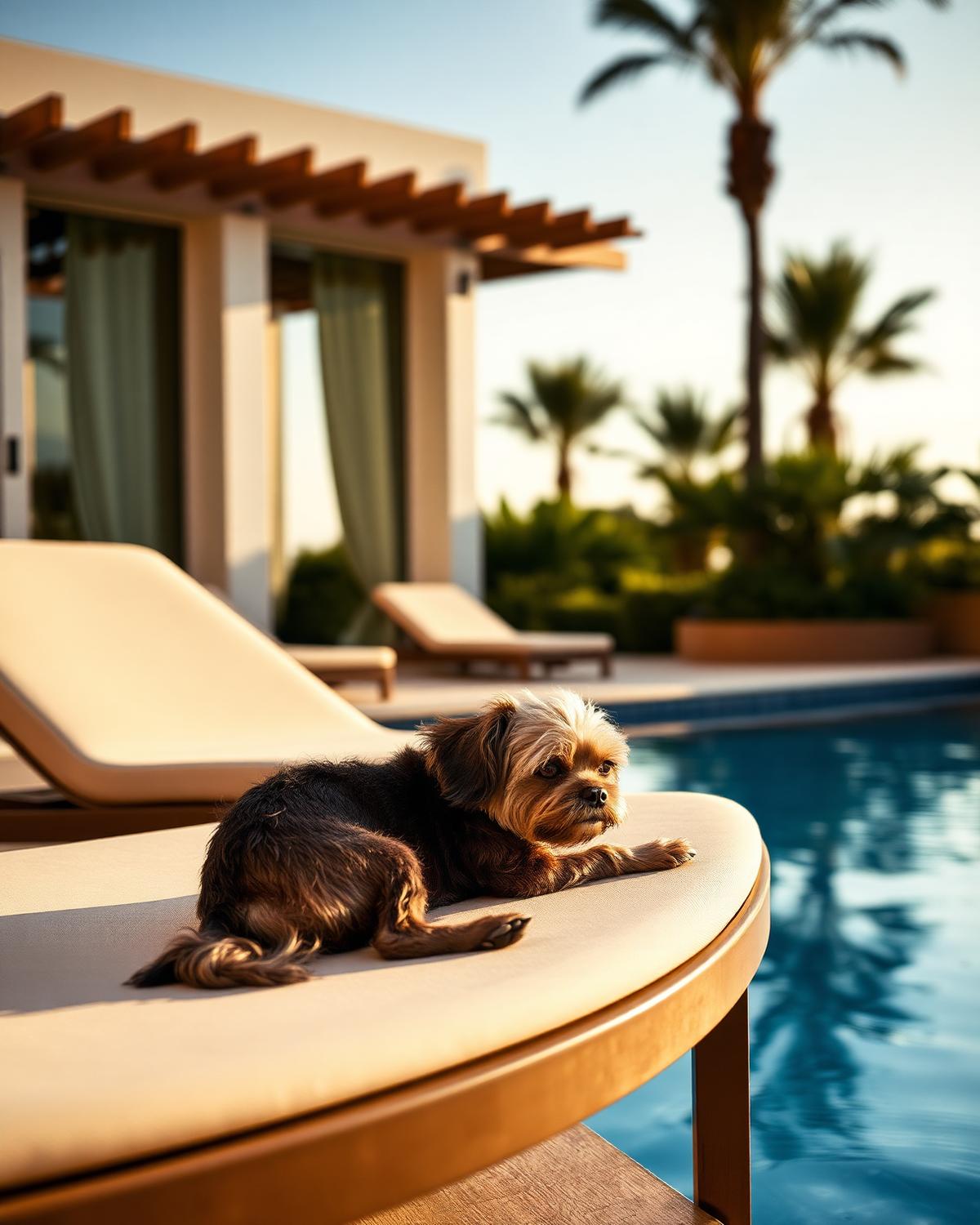 Small dog resting on a sun lounger beside a hotel pool